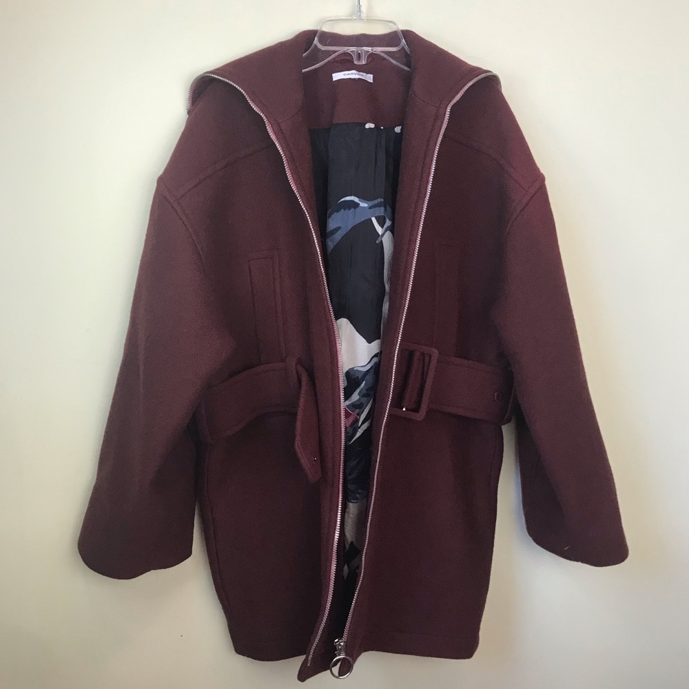 CARVEN France Oversized Wool Coat Jacket Belt Zip Front Hood Collar Pockets Rare - Picture 5 of 16